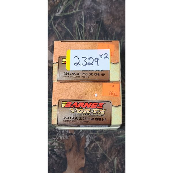 2 BOXES 454 CASULL , BARNES VOR-TX, XPB 250 GRAIN 1700 FPS, 20 ROUNDS PER BOX NO SHIPPING ON AMMUNTI
