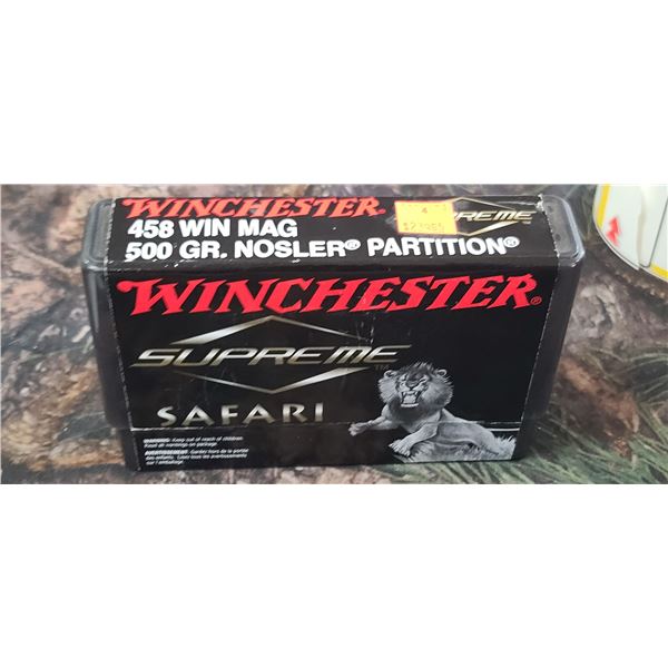 1 BOX 458 WIN MAG. WINCHESTER SUPREME SAFARI NOSLER PARTITION 500 GRAIN 20 ROUNDS PER BOX NO SHIPPIN