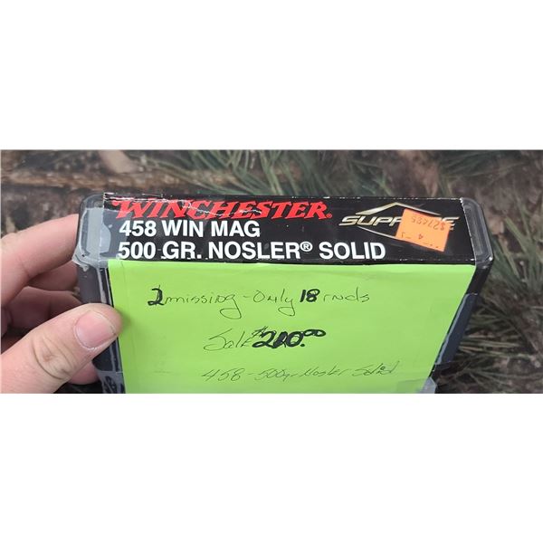 1 BOX 458 WIN MAG. WINCHESTER SUPREME SAFARI NOSLER PARTITION 500 GRAIN 18 ROUNDS NO SHIPPING ON AMM