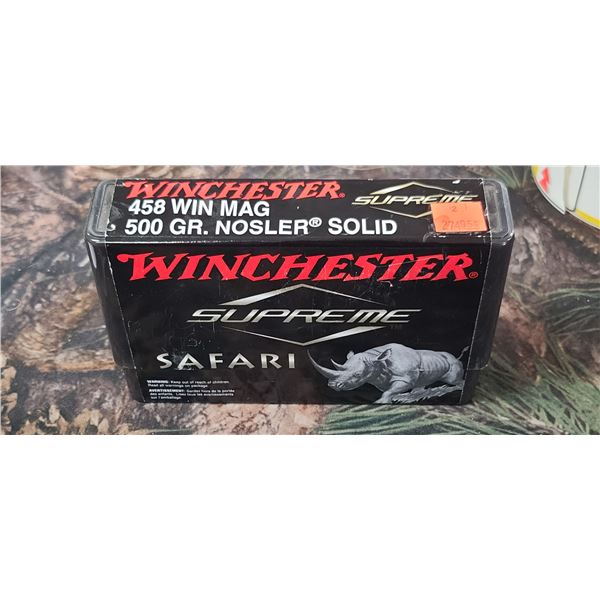 1 BOX 458 WIN MAG. WINCHESTER SUPREME SAFARI NOSLER SOLID 500 GRAIN 20 ROUNDS PER BOX NO SHIPPING ON
