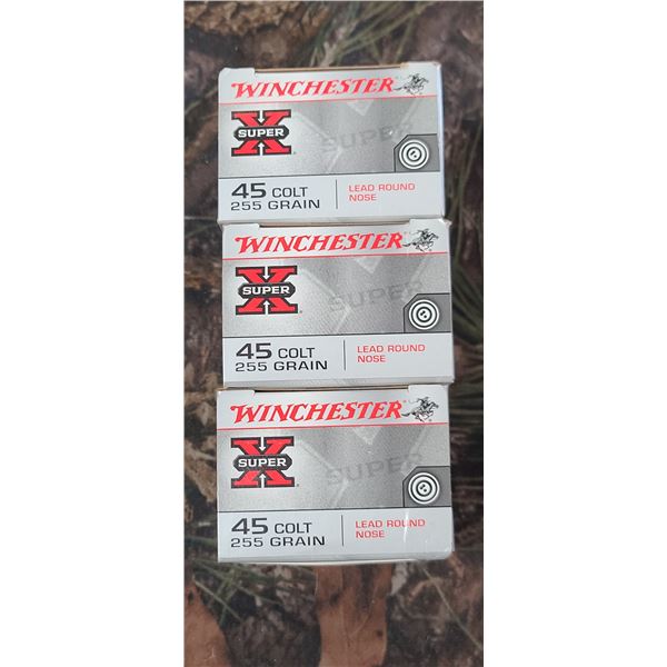 3 BOXES 45 COLT, WINCHESTER SUPER X, LEAD ROUND NOSE, 255 GRAIN 20 ROUNDS PER BOX NO SHIPPING ON AMM