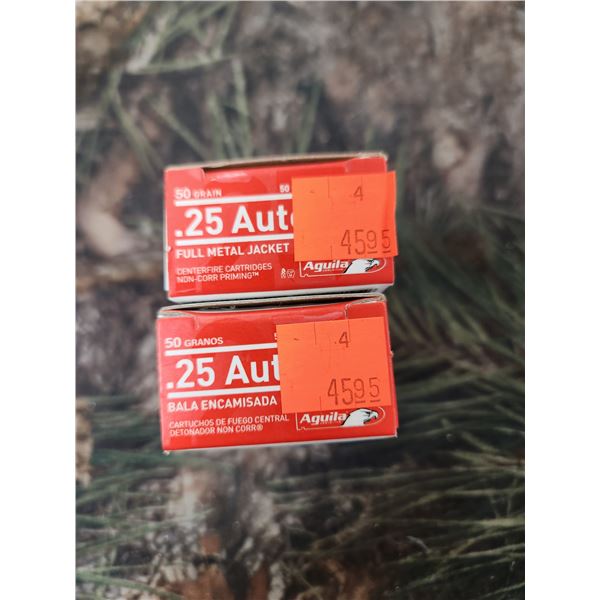 2 BOXES 25 AUTO AGUILA FULL METAL JACKET, 50 GRAIN 50 ROUNDS PER BOX NO SHIPPING ON AMMUNTION