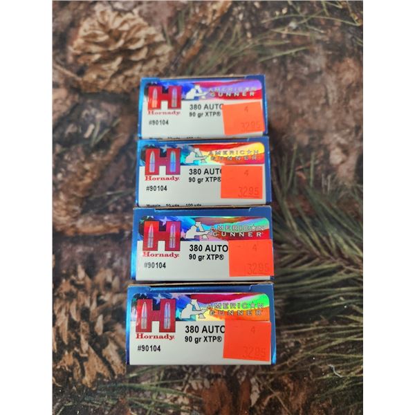 FOUR BOXES OF .380 AUTO, 90GR. AMERICAN GUNNER XTP - 25 ROUNDS PER BOX