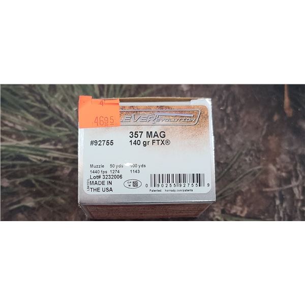 ONE BOX OF .357 MAG - HORNADY LEVER EVOLUTION FTX, 140GR. 25ROUNDS PER BOX