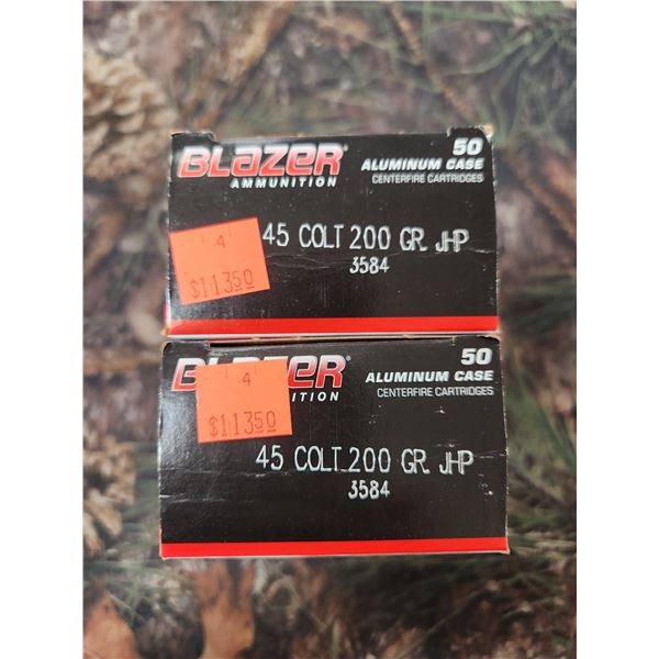 TWO BOXES OF .45 COLT, CCI BLAZER - JHP, 200GR, ALUMINIUM CASE, 50 ROUNDS PER BOX