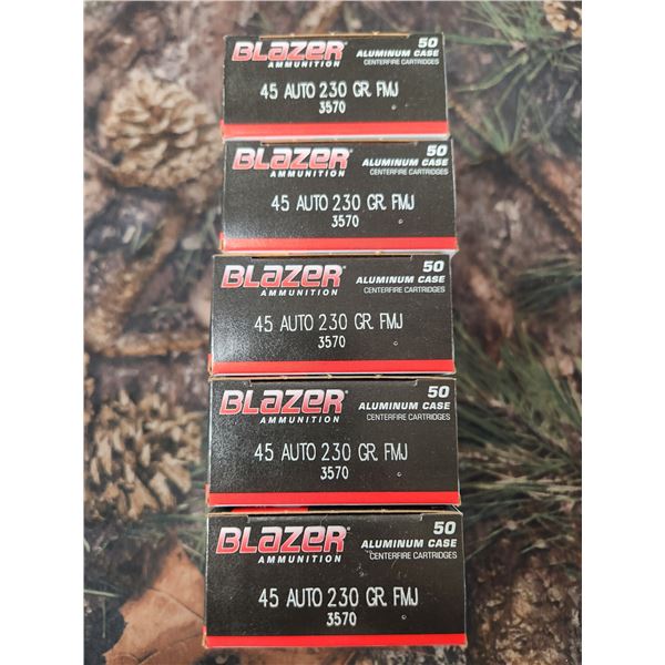 FIVE BOXES OF .45 AUTO, CCI BLAZER - FMG - 50 EACH BOX\