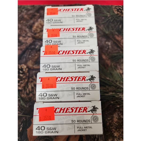 FIVE BOXES OF .40 S&W, WINCHESTER TARGET, 180 GR. 50 ROUNDS PER BOX