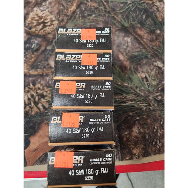 FIVE BOXES OF S&W, CCI BLAZER, FMJ, 180 GR. 50 ROUNDS PER BOX