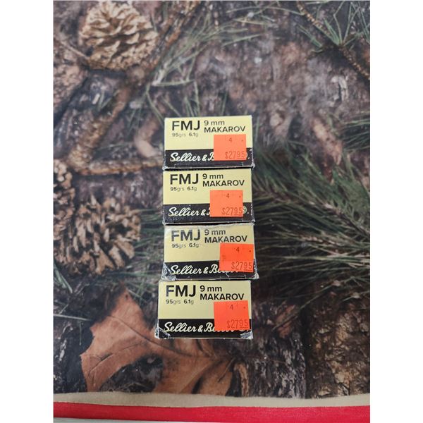 FOUR BOXES OF 9MM MAKAROV SELLIER & BELLOT, FMJ 95GR. - 50 ROUNDS PER BOX