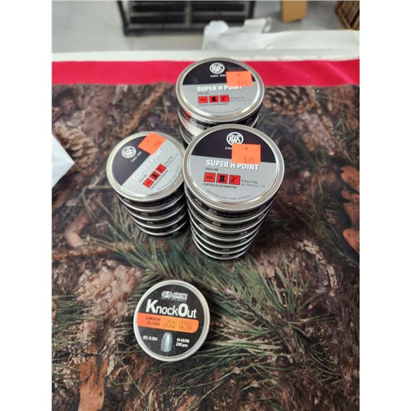 19 TINS OF RWS SUPER H  POINT .177CAL 4.5MM 6.4GR. 500 PELLETS A TIN- ONE TIN IS JSB MATCH DIABOLO A