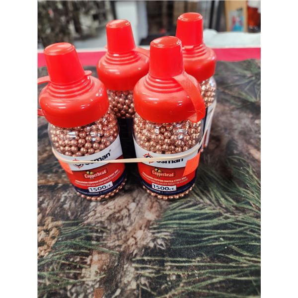 FOUR BOTTLES OF CROSMAN STEEL BB'S - 4.5MM COPPERHEAD - COPPER COATED - 1,500 BB'S PER