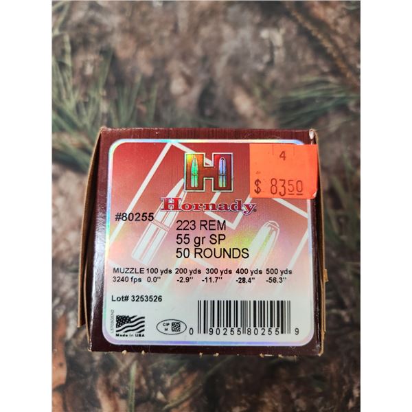 ONE BOX OF .223 REM - HORNADY SP, 55GR. - 50 ROUNDS PER BOX'