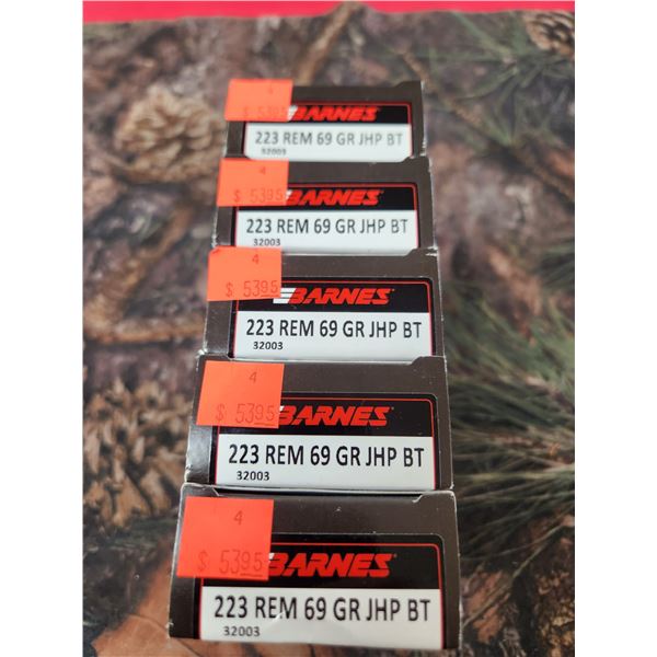 FIVE BOXES OF .223 REM. BARNES CENTERFIRE JHPBT 169GR. 0 ROUNDS PER BOX