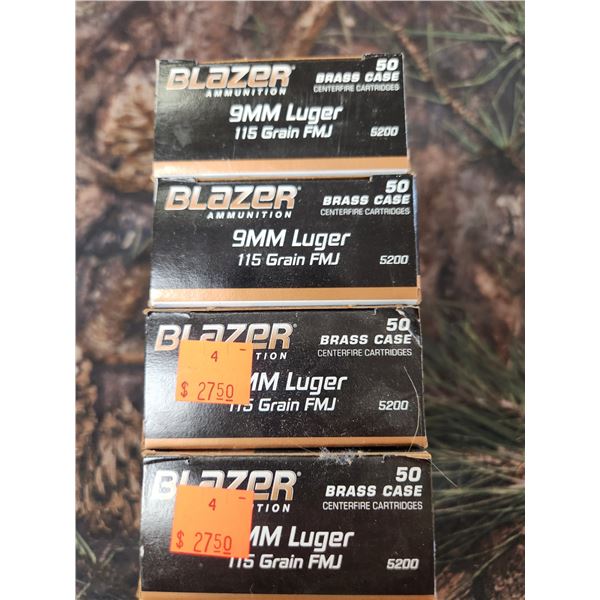 FOUR BOXES OF 9MM LUGER - CCI BLAZER - FMJ - 115GR - BRASS CASE - 50 ROUNDS PER BOX