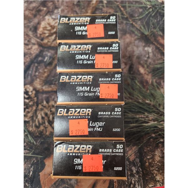 FIVE BOXES OF 9MM LUGER - CCI BLAZER - FMJ - 115GR - BRASS CASE - 50 ROUNDS PER BOX
