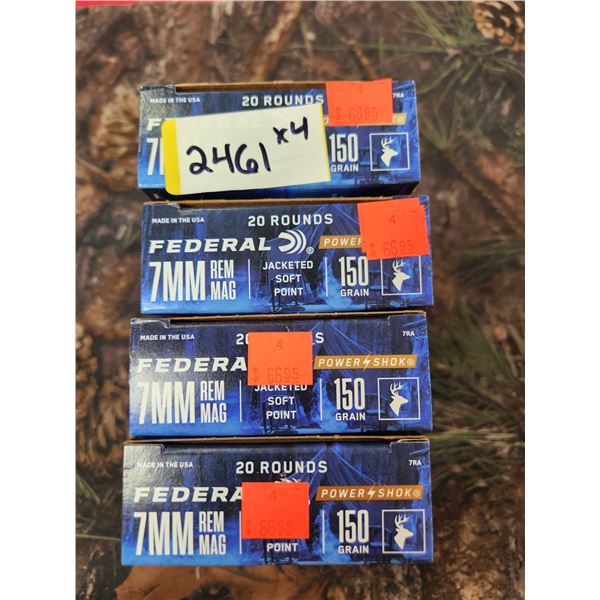 FOUR BOXES OF 7MM REM MAG, FEDERAL POWER-SHOK, JACKETED DOFT POINT -150GR. 20 ROUNDS PER BOX