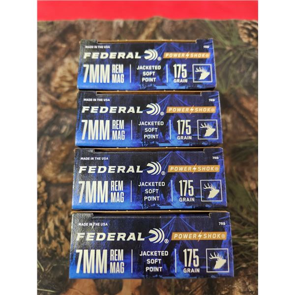 FOUR BOXES OF 7MM REM MAG, FEDERAL POWER-SHOK, JACKETED SOFT POINT, 175GR, 20 ROUNDS PER BOX
