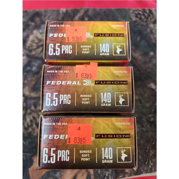 THREE BOXES OF 6.5 PRC, FEDERAL FUSION, BONDED SOFT POINT, 140 GR. 20 ROUNDS  PER BOX
