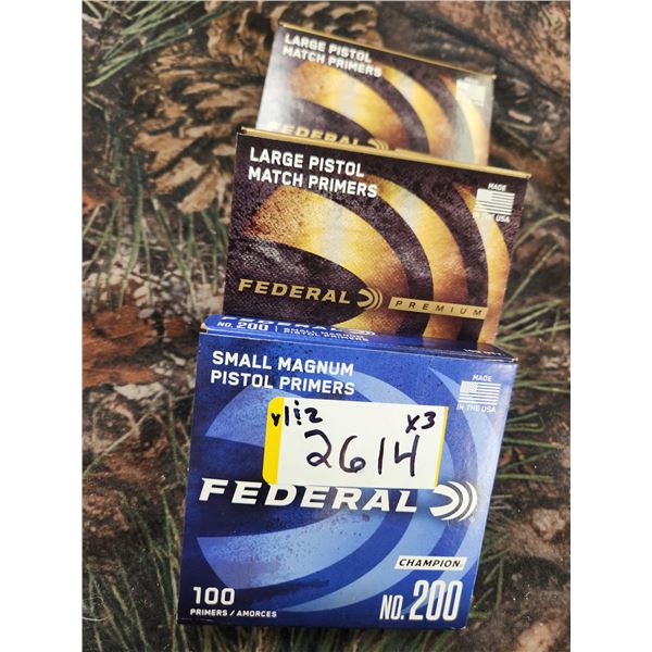 100 FEDERAL NO.200 SMALL MAGNUM PISTOL PRIMERS - CHAMPION. AND 200 FEDERAL NOGM150 LARGE PISTOL MATC