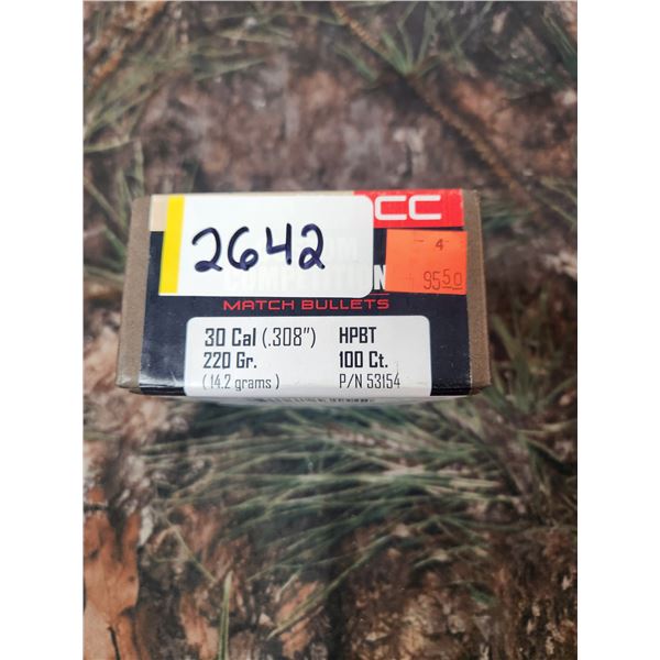 NOSLER 30CAL (.308) HPBT, NOSLER CUSTOM COMPETITION, MATCH BULLETS - 220GR. 100 BULLETS