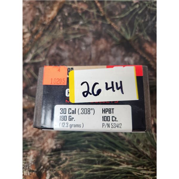 NOSLER 30CAL (.308) HPBT, NOSLER CUSTOM COMPETITION, MATCH BULLETS - 190GR. 100 BULLETS