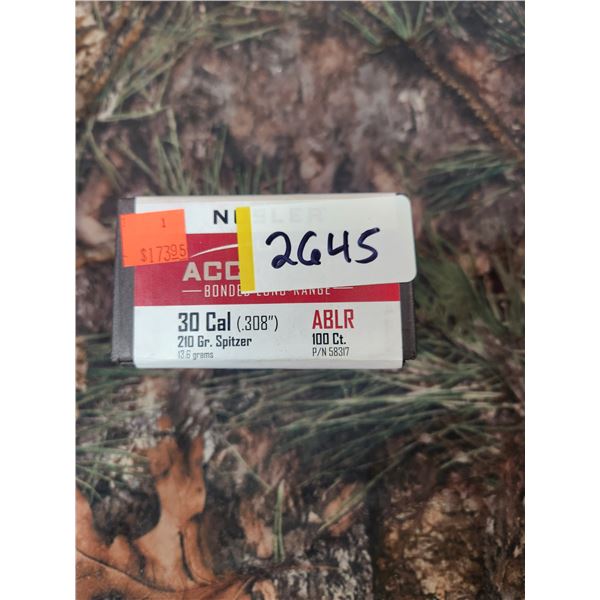NOSLER 30CAL (.308) SPITZER ABLR, NOSLER LR ACCUBOND, BONDED, LONG RANGE - 210GR. 100 BULLETS