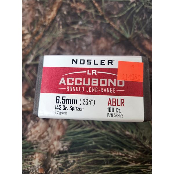 NOSLER 6.5MM (.264) SPITZER ABLR, ACCUBOND, BONDED LONG RANGE. 142GR. BULLETS