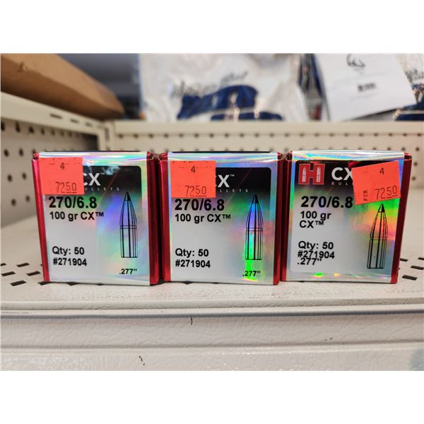 THREE BOXES OF HORNADY .270/6.8CAL , CX 100GR. 50 BULLETS PER BOX