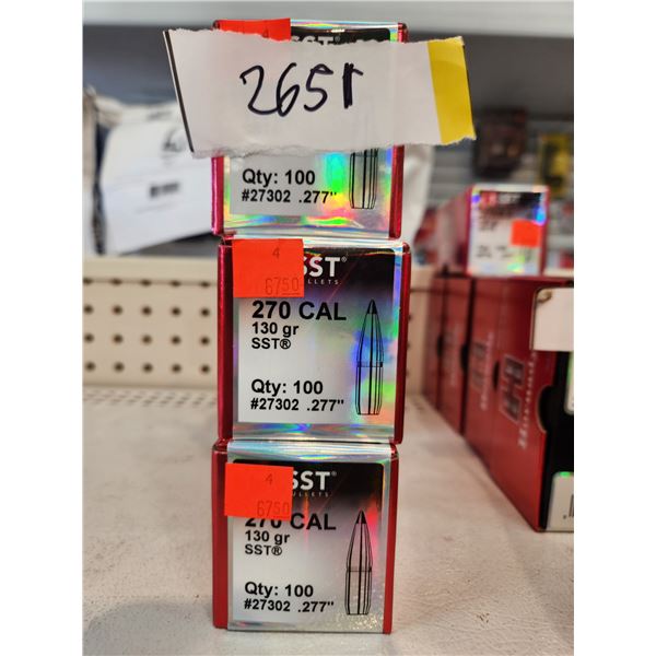THREE BOXES OF HORNADY .270CAL, SST, 130GR. 100 BULLETS PER BOX