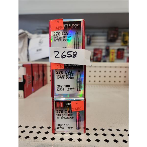 THREE BOXES OF HORNADY .270CAL BTSP INTERLOCK, 140GR.  100 PER BOX