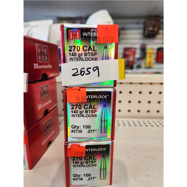 THREE BOXES OF HORNADY .270CAL BTSP INTERLOCK, 140GR.  100 PER BOX