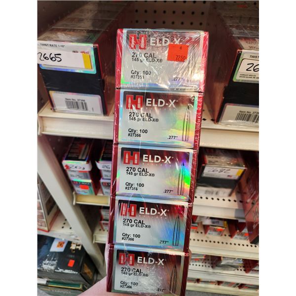 FIVE BOXES (CASE) OF HORNADY .270CAL ELD-X, 145GR. 100 PER BOX
