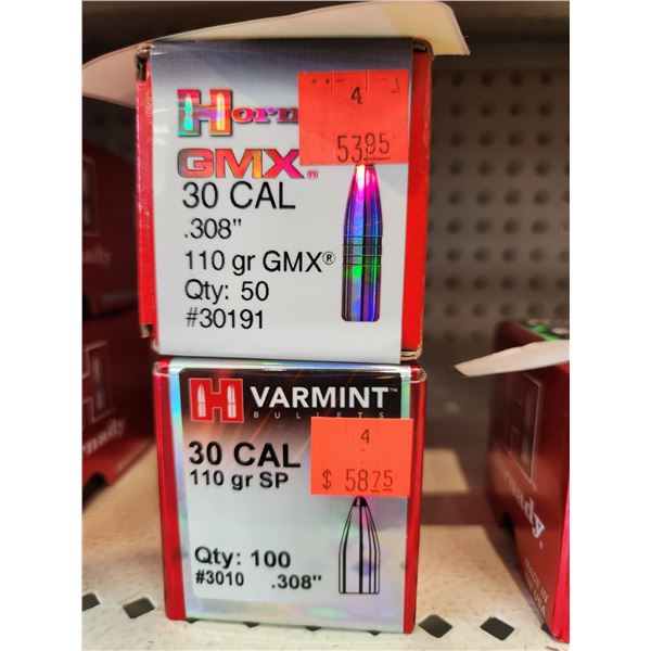 TWO BOXES OF HORNADY .30CAL BULLETS: ONE BOX IS .30CAL, GMX, 110GR. QTY 50. THE SECOND BOX IS .30CL,