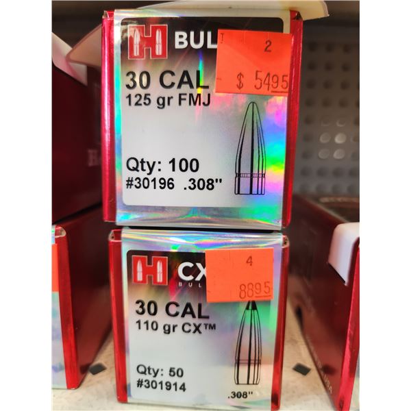 TWO BOXES OF HORNADY: ONE BOX IS; .30CAL FMJ, 125GR. QTY 100. SECOND BOX IS; CX, 110GR. QTY50