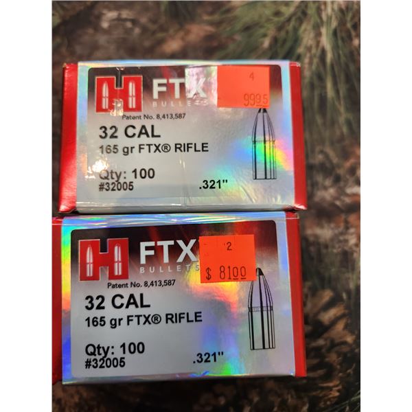 TWO BOXES OF HORNADY .32CAL FTX, 165GR. QTY 100 PER BOX