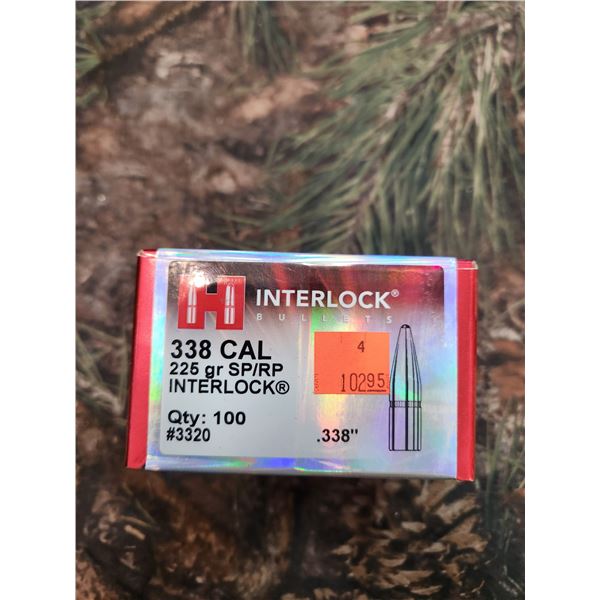 BOX OF HORNADY .338CAL, SP/RP INTERLOCK 225GR. QTY 100 BULLETS