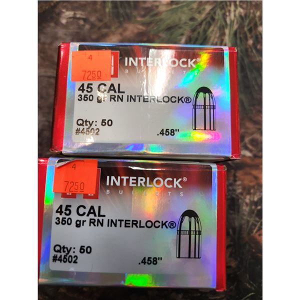 TWO BOXES OF .45CAL, RN INTERLOCK, 350GR. 50 PER BOX