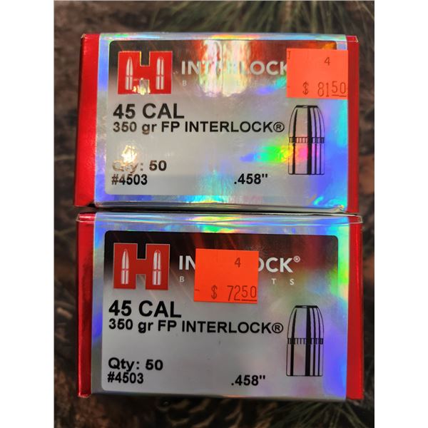 TWO BOXES OF HORNADY .45CAL, FP INTERLOCK 410GR, 50 PER BOX