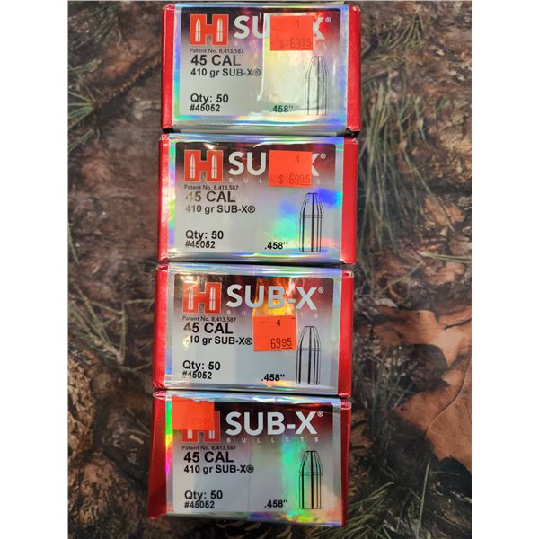 FOUR BOXES OF HORNADY .45CAL, SUB X, 410GR, 50 PER BOX