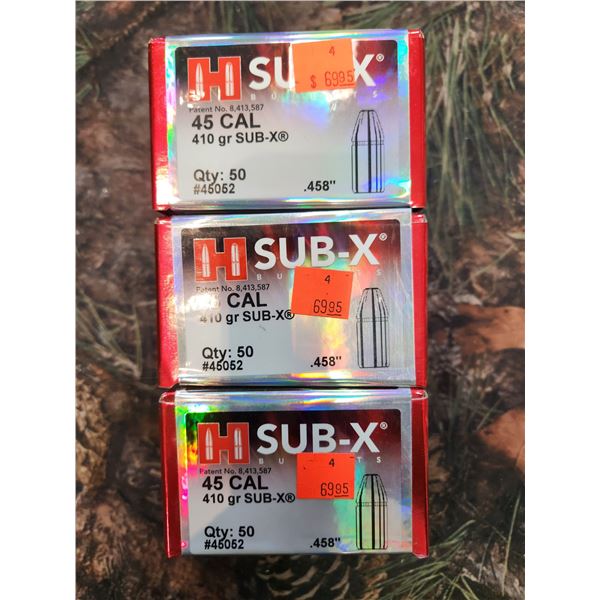 THRER BOXES OF HORNADY .45CAL, SUB X, 410GR, 50 PER BOX