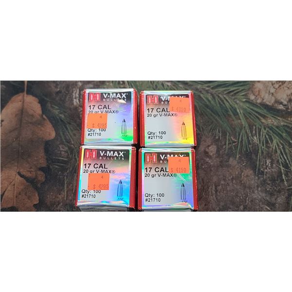 FOUR BOXES OF HORNADY, 17CAL VMAX, 20GR, 100 PER BOX