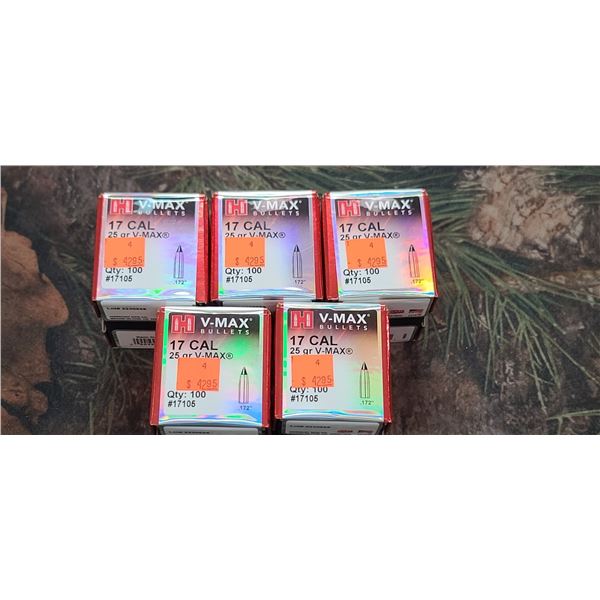 FIVE BOXES OF HORNADY, .17CAL, VMAX, 25GR. 100 PER BOX