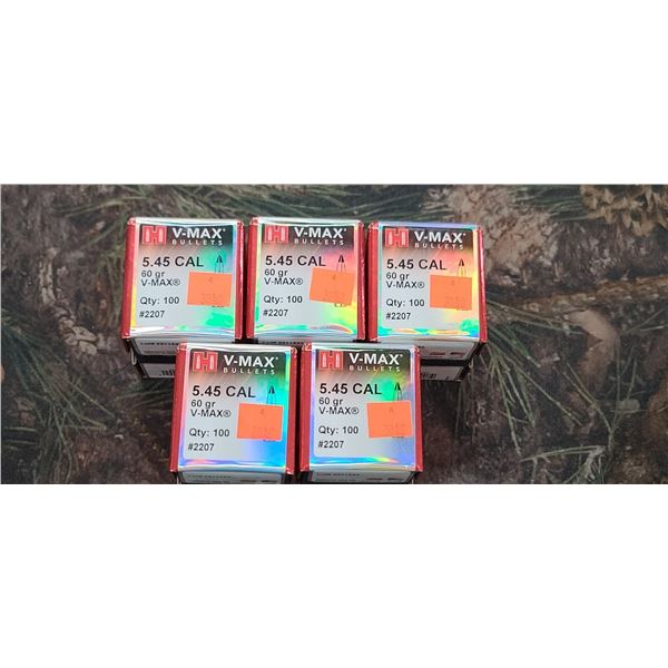 FIVE BOXES OF HORNADY .545CAL, VMAX 60GR. 100 PER BOX
