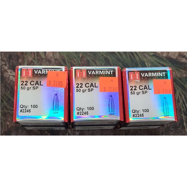THREE BOXES OF HORNADY .22CAL, SP, 50GR. 100 PER BOX