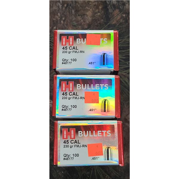 3 BOXES OF HORNADY .45CAL, FMJ RN, 230GR. 100 PER BOX