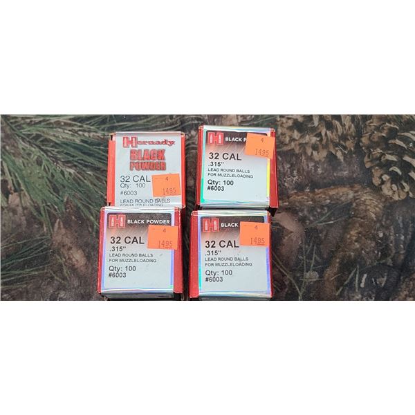 4 BOXES OF HORNADY .32CAL LEAD ROUND BALL .315, 100 PER BOX