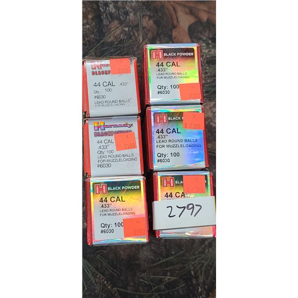 6 BOXES OF HORNADY.44CAL LEAD ROUND BALL .433, 100 PER BOX