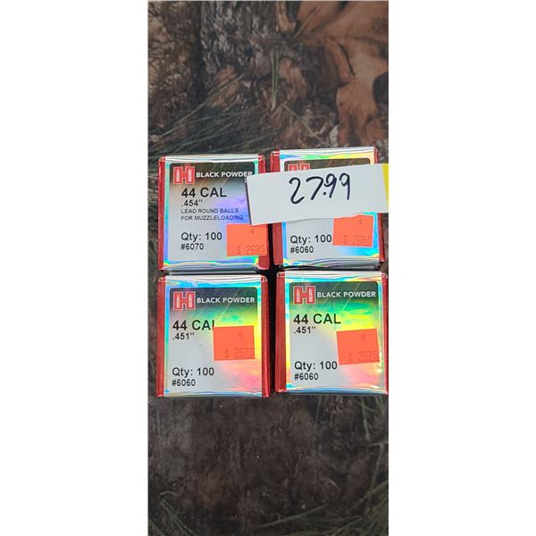 4 BOXES OF HORNADY .44CAL, LEAD ROUND BALL, .433, 100 PER BOX, AND ONE BOX OF .44CAL LEAD ROUND BLL.