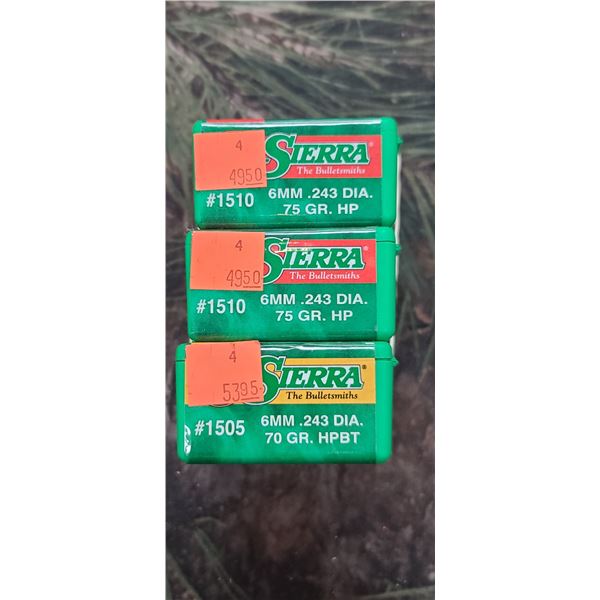 2 BOXES OF 6MM/.243, HP, 75GR. 100 PER BOX. ONE BOX OF 6MM/.243 HPBT 70GR. QTY 100 BULLETS