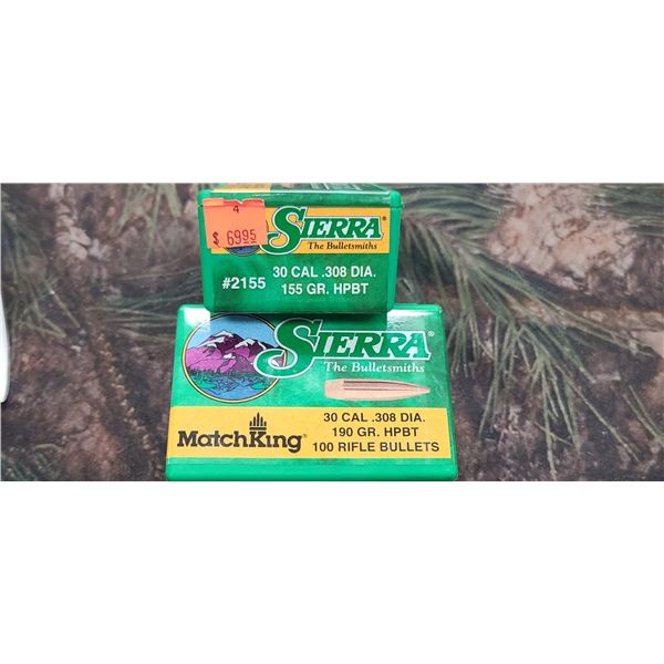 TWO BOXES OF SIERRA: ONE BOX OF ,30CLA HPBT, 155GR. QTY 100 AND ONE BOX OF .30CAL HPBT 190GR. QTY 10